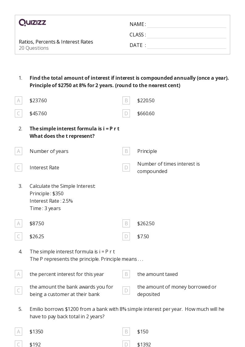 Ratios, Percents & Interest Rates - Printable Percents-ratios-and-rates Worksheets Grade 8 - Quizizz