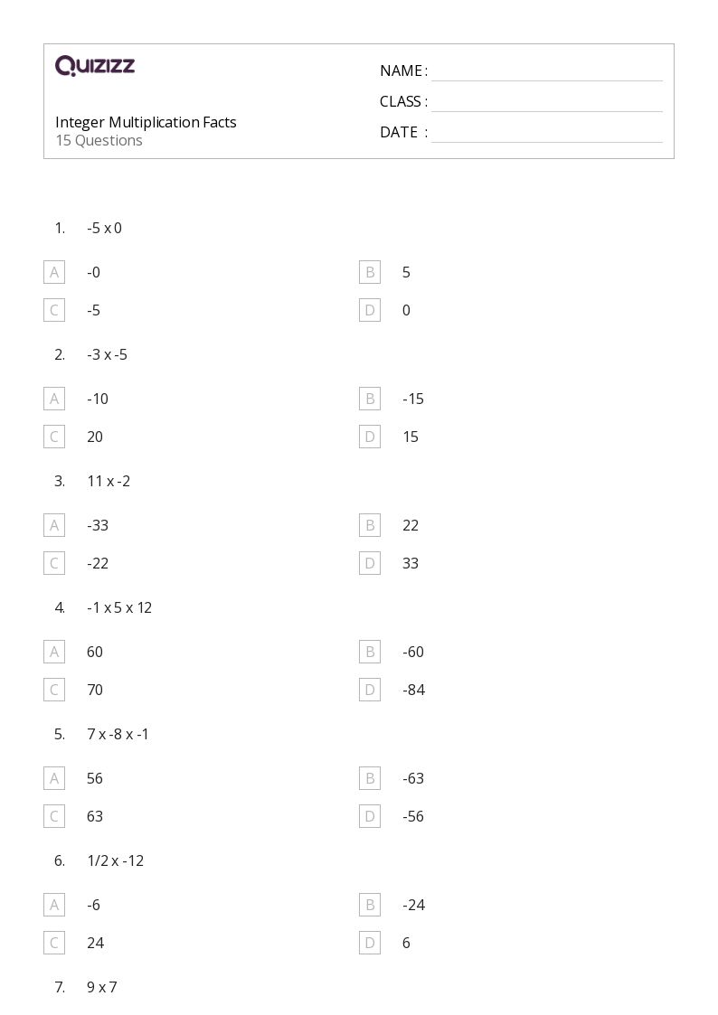 Integer Multiplication Facts - Printable Multiplication Worksheets Grade 8 - Quizizz