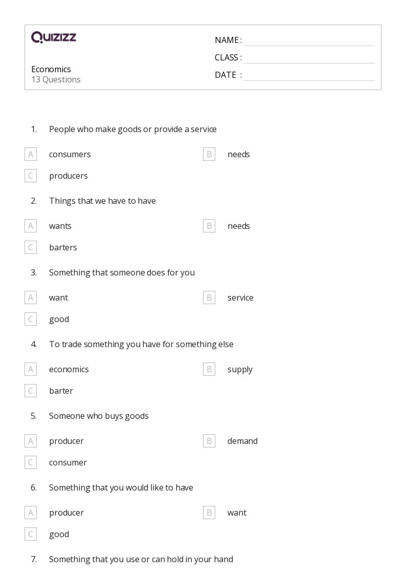 Economics - Printable Class 1 Worksheets - Quizizz