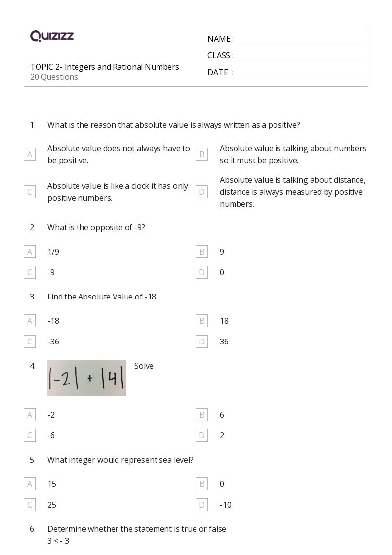 TOPIC 2- Integers and Rational Numbers - Printable Integers-and-rational-numbers Worksheets Grade 8 - Quizizz