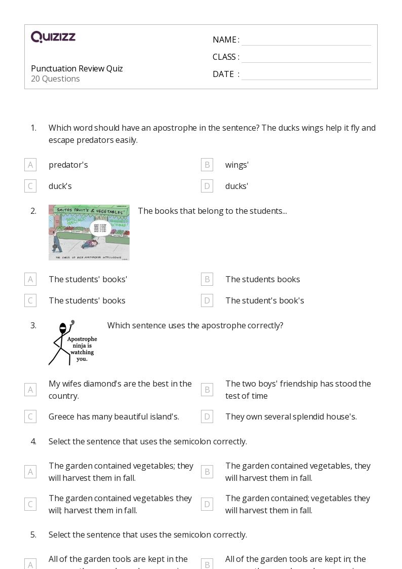 Punctuation Review Quiz - Printable Punctuation Worksheets Grade 7 - Quizizz