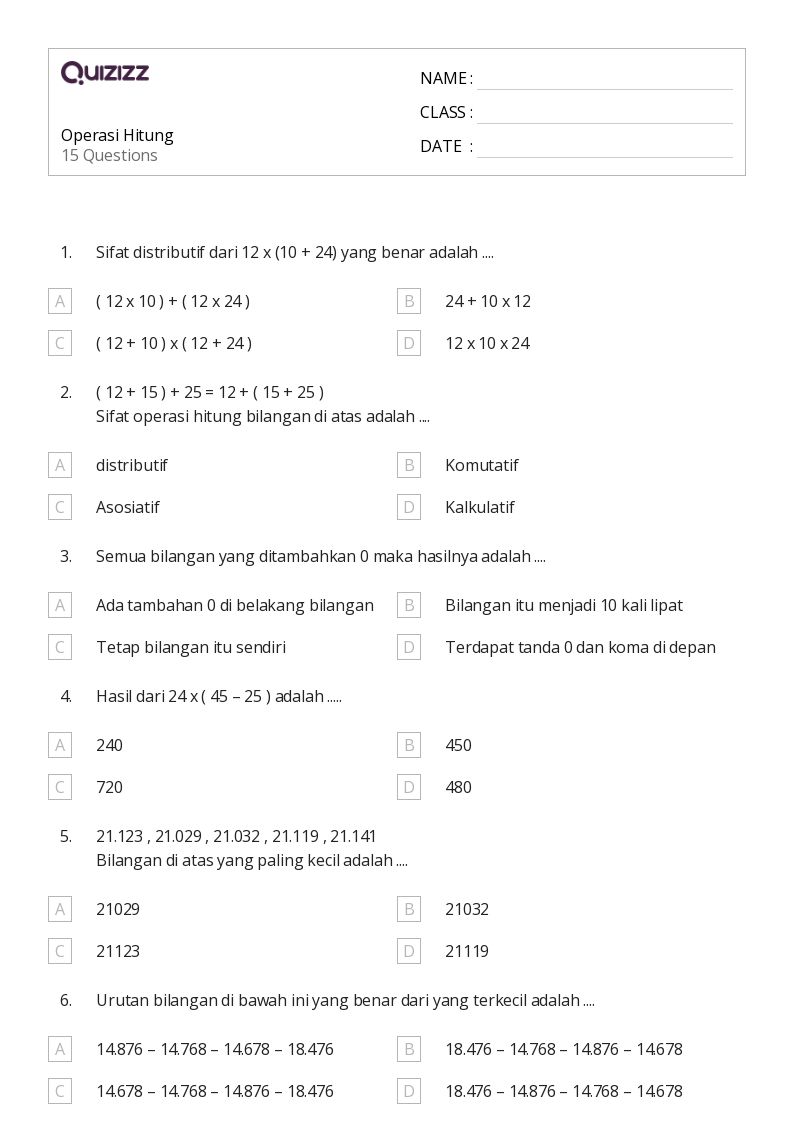 Operasi Hitung - Dapat dicetak Sifat-perkalian Lembar-kerja - Quizizz