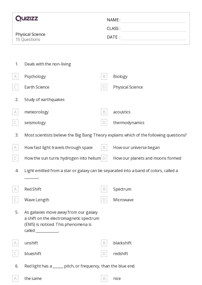 Physical Science - Printable Class 1 Worksheets - Quizizz