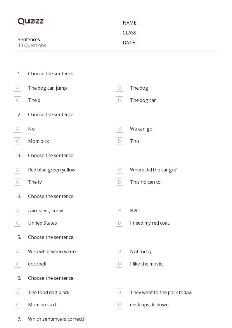 Sentences - Printable Class 1 Worksheets - Quizizz