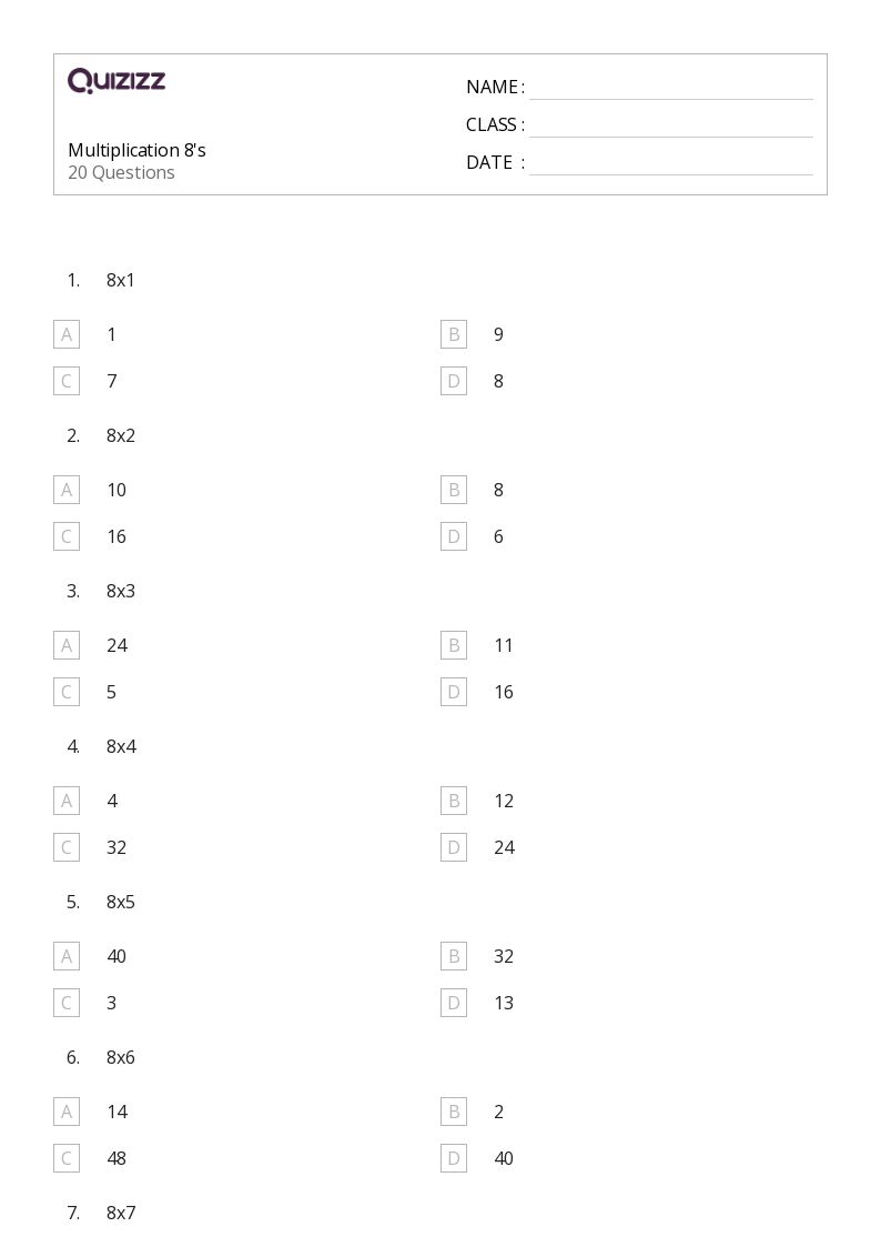 Multiplication 8's - Printable Multiplication Worksheets Grade 8 - Quizizz