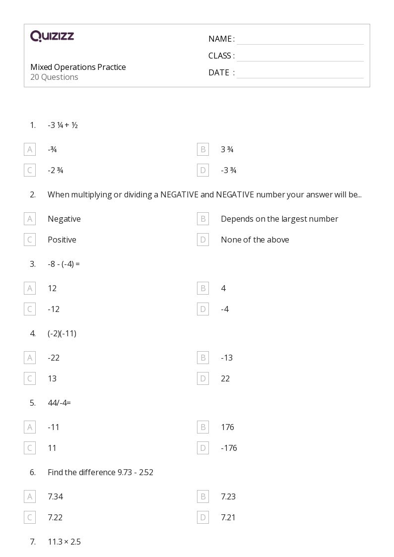 Mixed Operations Practice - Printable Mixed-operations Worksheets Grade 7 - Quizizz