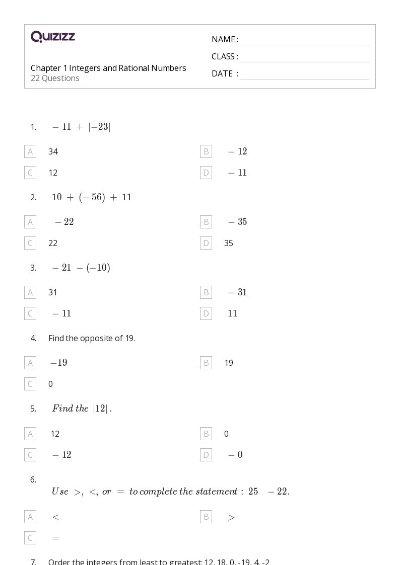 Chapter 1 Integers and Rational Numbers - Printable Integers-and-rational-numbers Worksheets Grade 8 - Quizizz