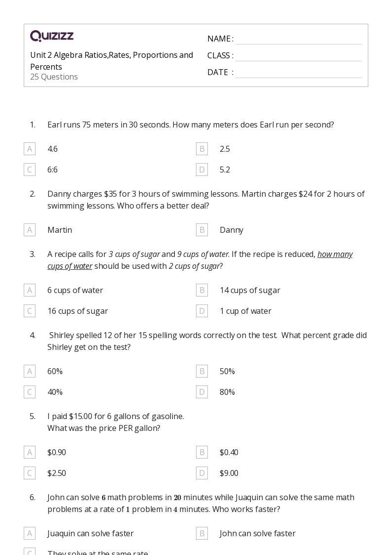 Unit 2 Algebra Ratios,Rates, Proportions and Percents - Printable Percents-ratios-and-rates Worksheets Grade 8 - Quizizz