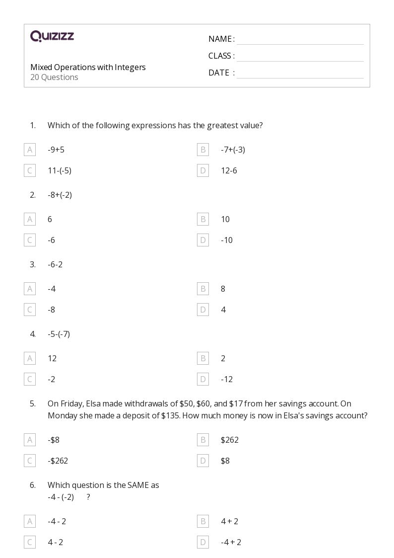 Mixed Operations with Integers - Printable Mixed-operations Worksheets Grade 7 - Quizizz