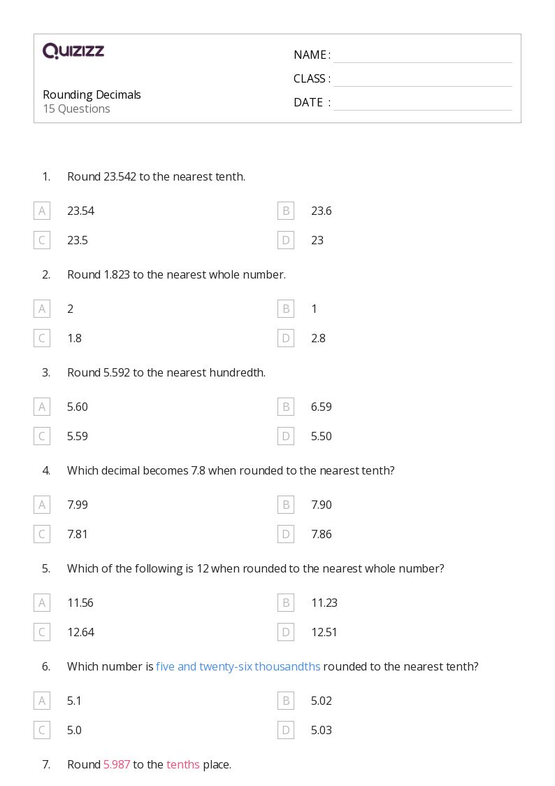 Rounding Decimals - Printable Decimal-numbers Worksheets Grade 3 - Quizizz