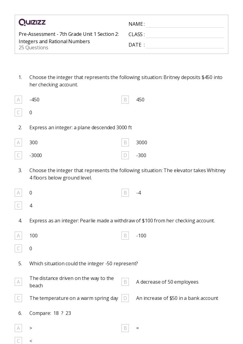 Pre-Assessment - 7th Grade Unit 1 Section 2: Integers and Rational Numbers - Printable Integers-and-rational-numbers Worksheets Grade 8 - Quizizz