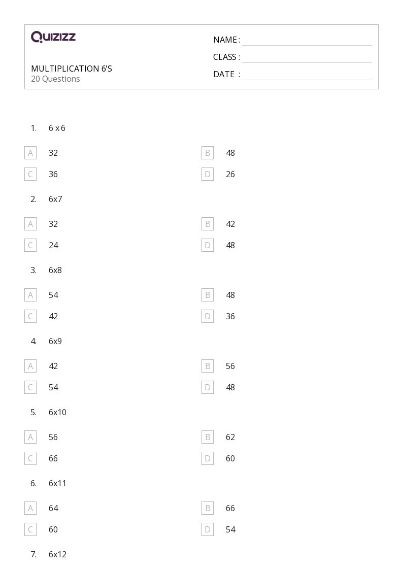 MULTIPLICATION 6'S - Printable Multiplication Worksheets Grade 8 - Quizizz