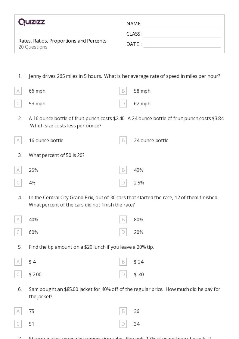 Rates, Ratios, Proportions and Percents - Printable Percents-ratios-and-rates Worksheets Grade 8 - Quizizz