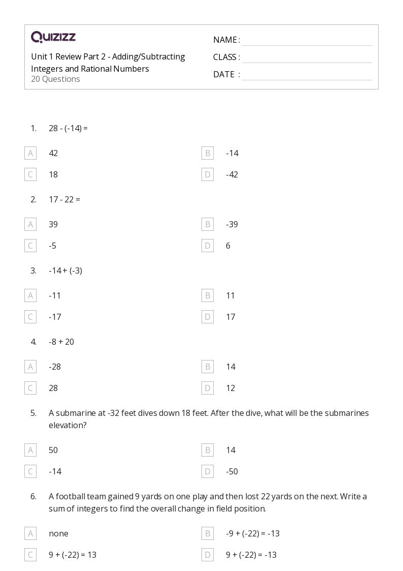 Unit 1 Review Part 2 - Adding/Subtracting Integers and Rational Numbers - Printable Integers-and-rational-numbers Worksheets Grade 8 - Quizizz