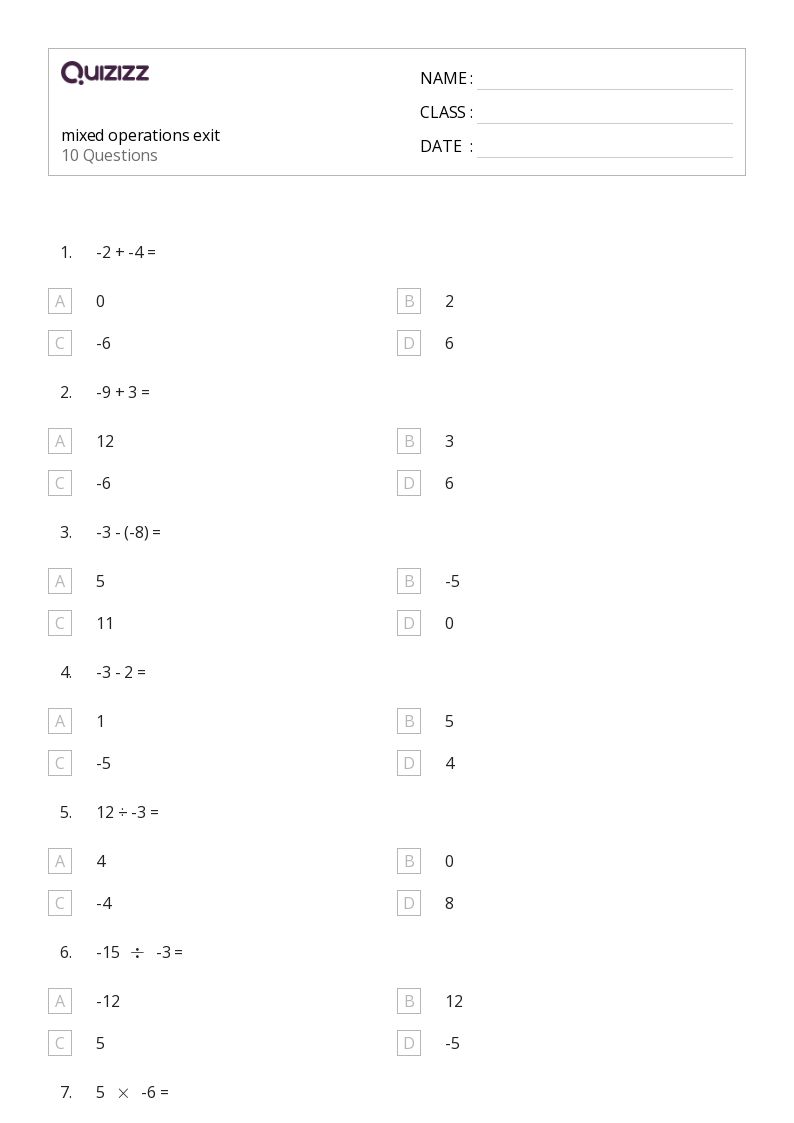 mixed operations exit - Printable Mixed-operations Worksheets Grade 7 - Quizizz