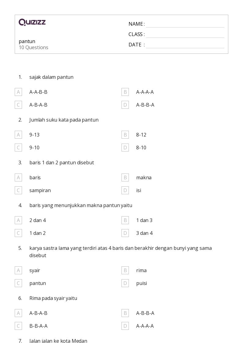 pantun - Dapat dicetak Teka-teki-matematika Lembar-kerja - Quizizz