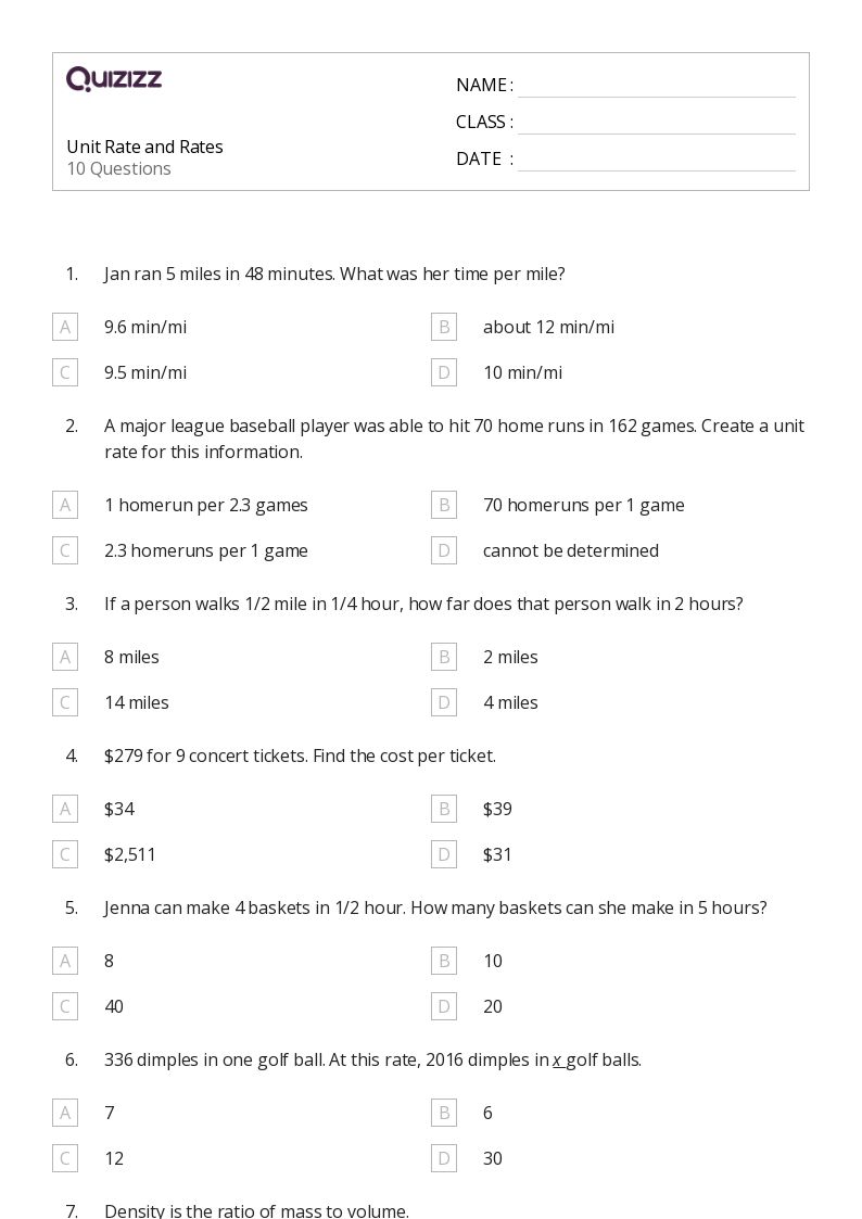 Unit Rate and Rates - Printable Percents-ratios-and-rates Worksheets Grade 8 - Quizizz