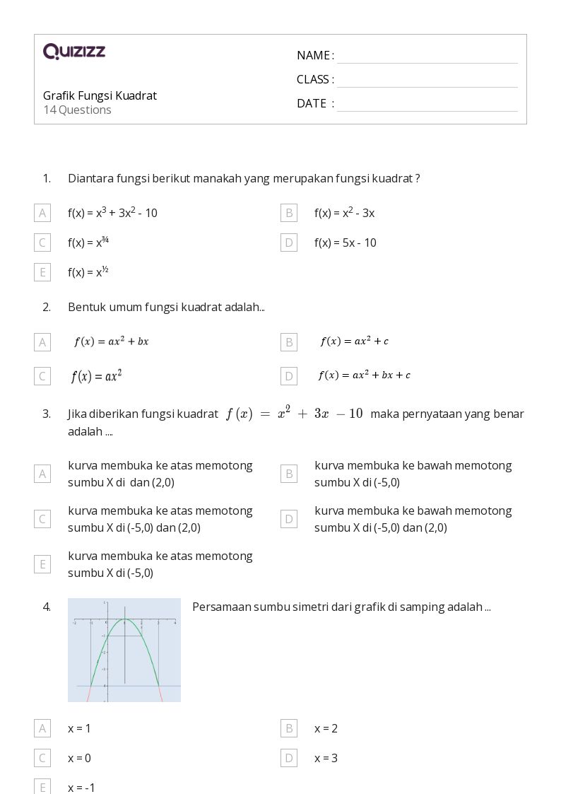 Grafik Fungsi Kuadrat - Dapat dicetak Grafik-fungsi Lembar-kerja - Quizizz