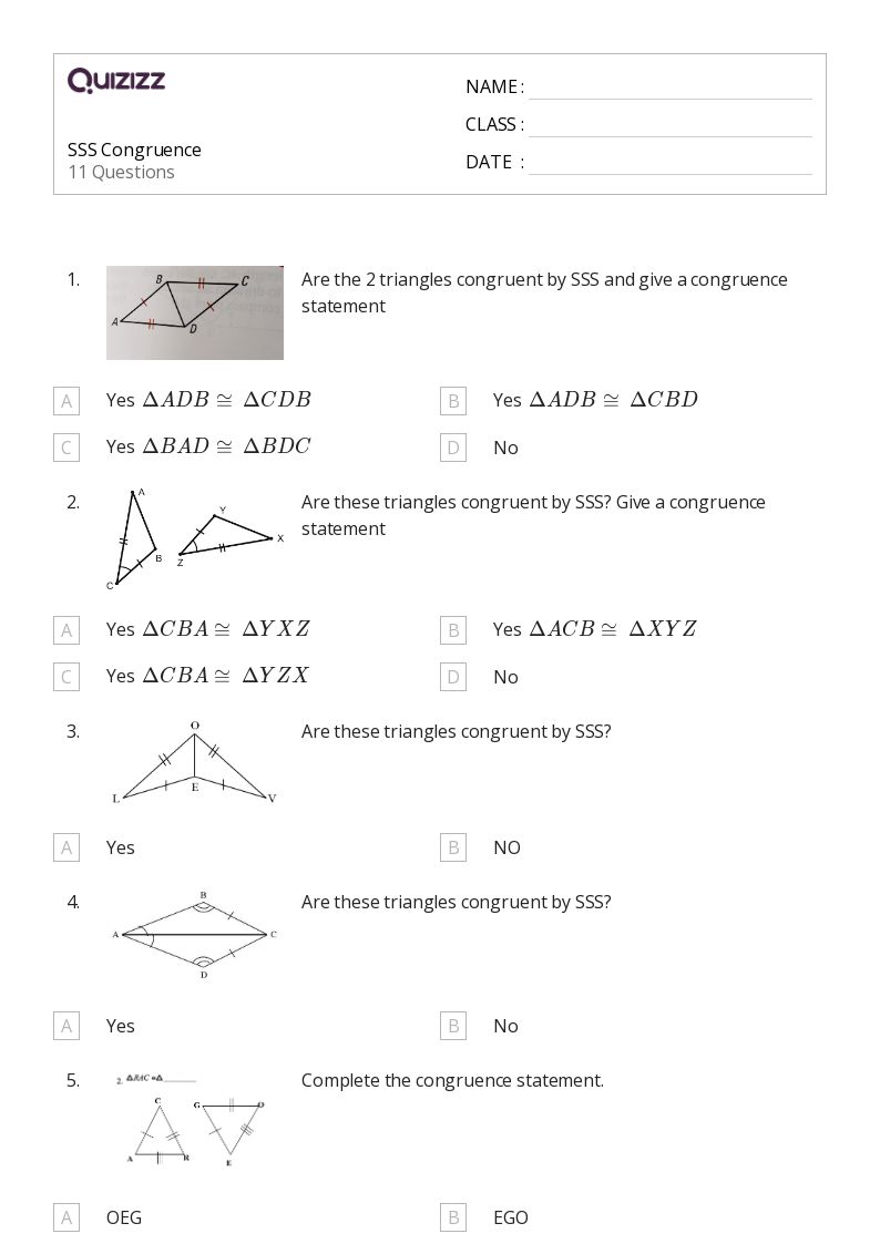 SSS Congruence - Printable Congruence Worksheets Grade 11 - Quizizz