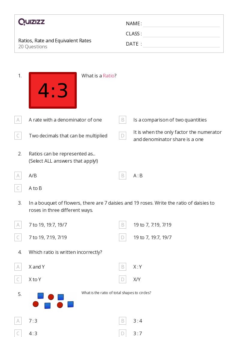 Ratios, Rate and Equivalent Rates - Printable Percents-ratios-and-rates Worksheets Grade 8 - Quizizz