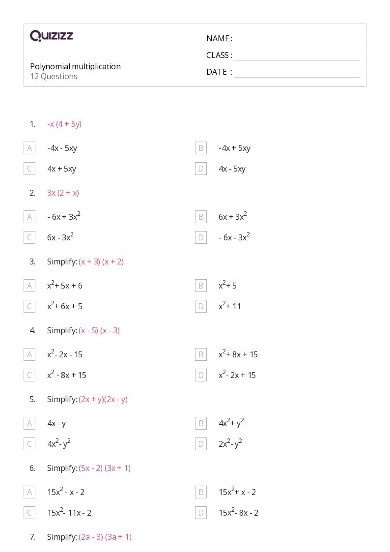 Polynomial multiplication - Printable Multiplication Worksheets Grade 8 - Quizizz