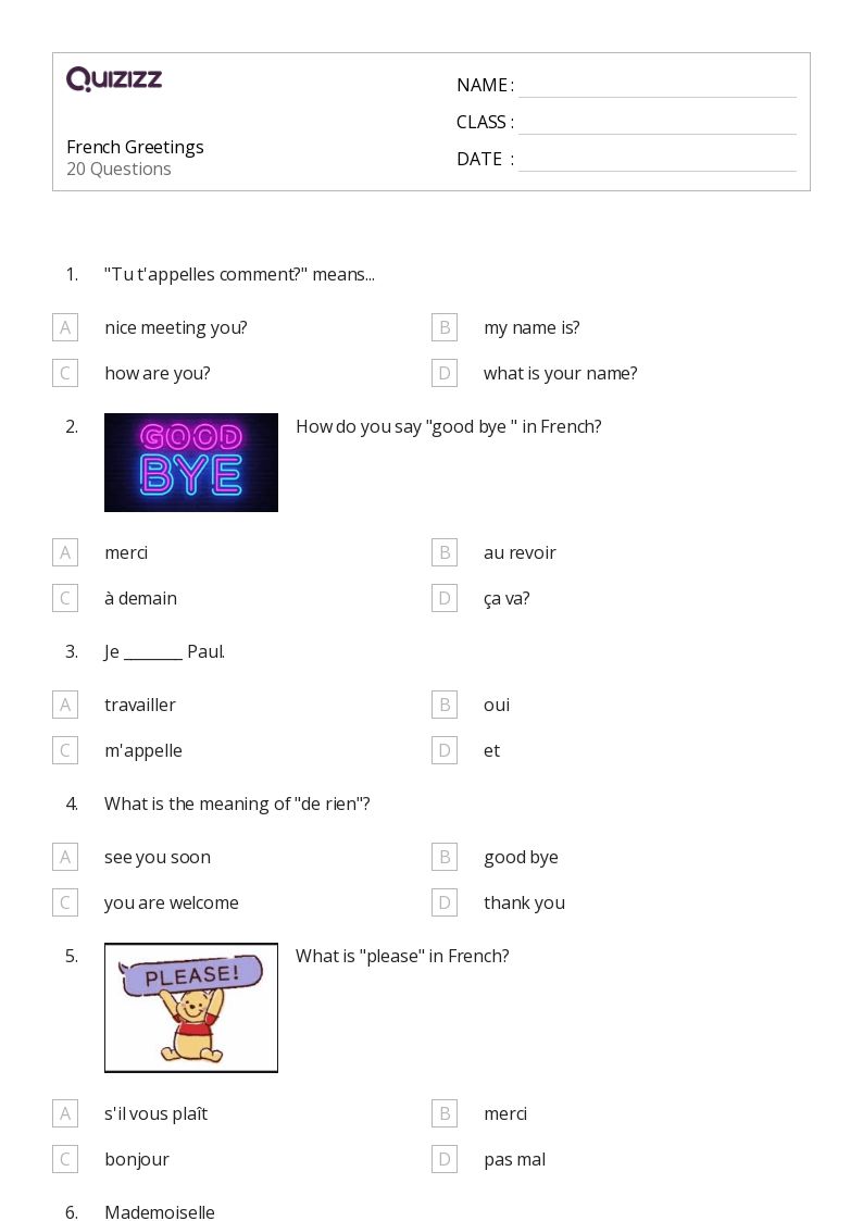 French Greetings - Printable French Worksheets Class 6 - Quizizz