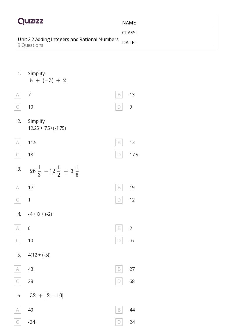 Unit 2.2 Adding Integers and Rational Numbers - Printable Integers-and-rational-numbers Worksheets Grade 8 - Quizizz