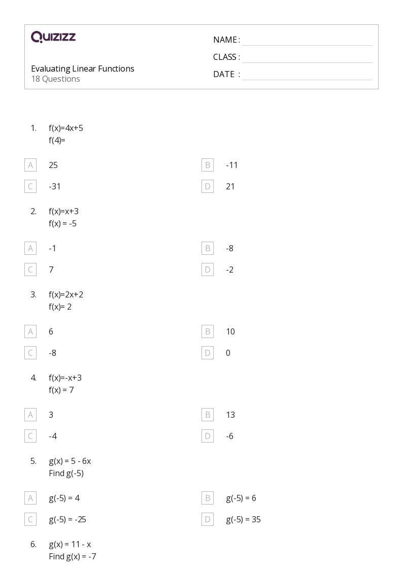 Evaluating Linear Functions - Printable Linear-functions Worksheets Grade 9 - Quizizz