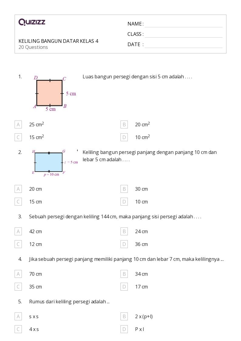 KELILING BANGUN DATAR KELAS 4 - Dapat dicetak Luas-dan-keliling Lembar-kerja Kelas 9 - Quizizz