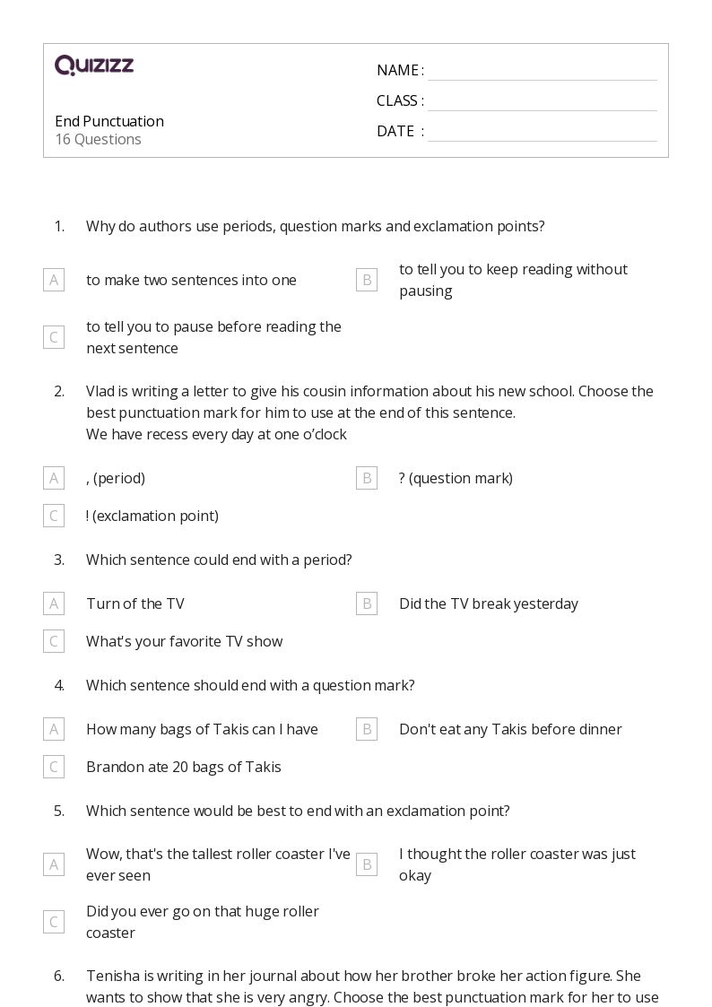 End Punctuation - Printable Punctuation Worksheets Grade 7 - Quizizz