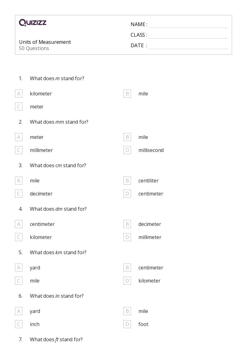 Units of Measurement - Printable Units-of-measurement Worksheets Grade 7 - Quizizz