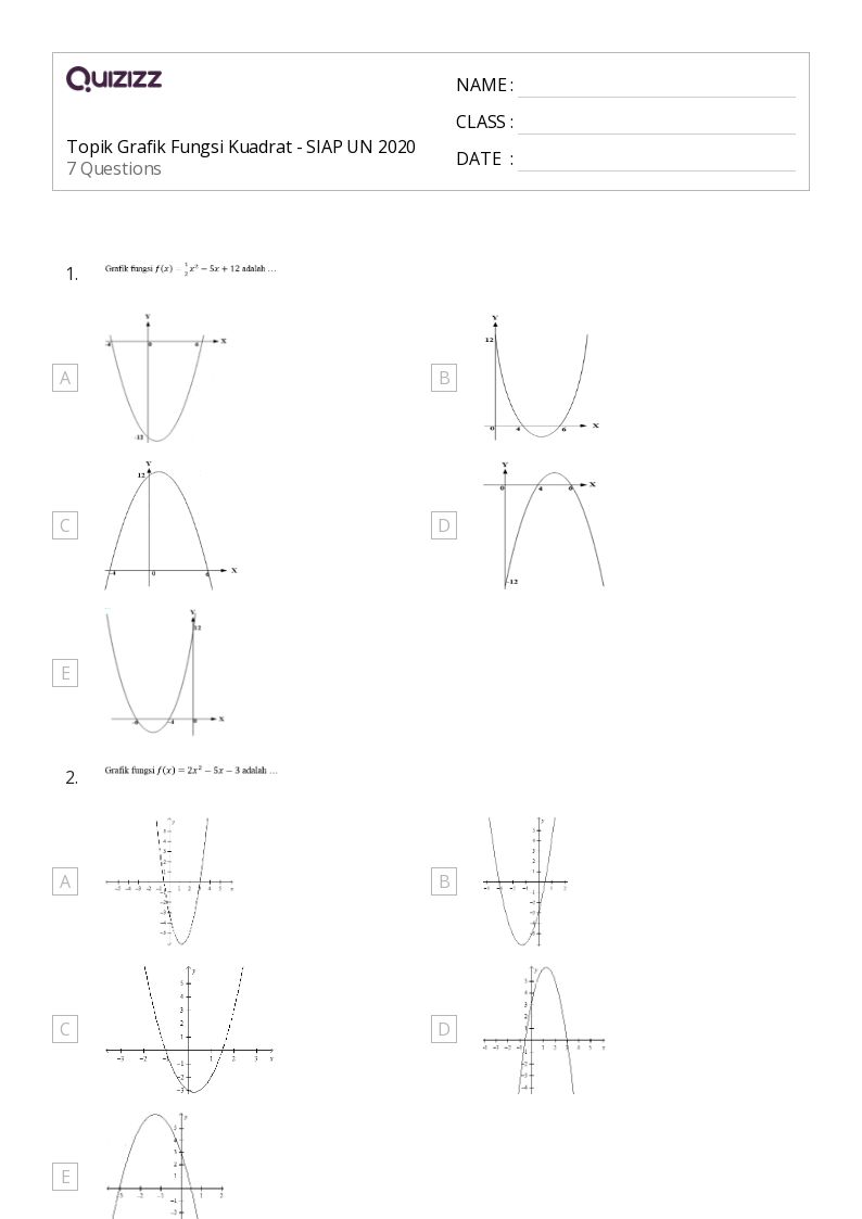 Topik Grafik Fungsi Kuadrat - SIAP UN 2020 - Dapat dicetak Grafik-fungsi Lembar-kerja - Quizizz