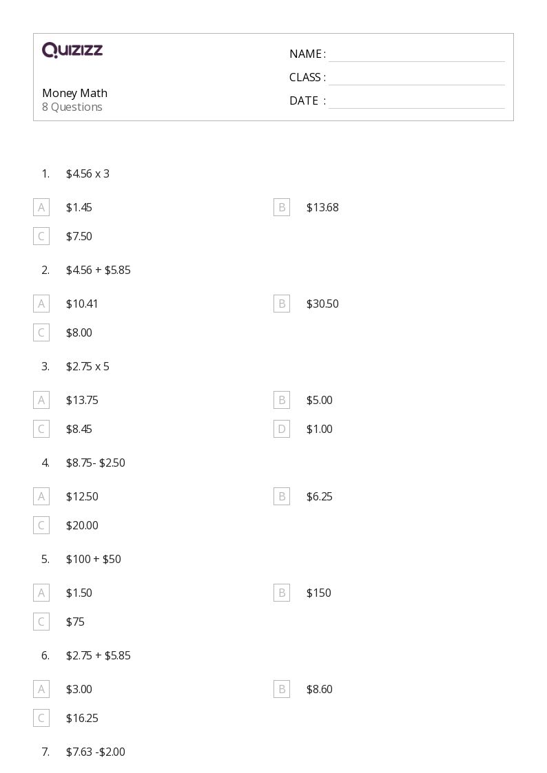 Money Math - Printable Class 1 Worksheets - Quizizz