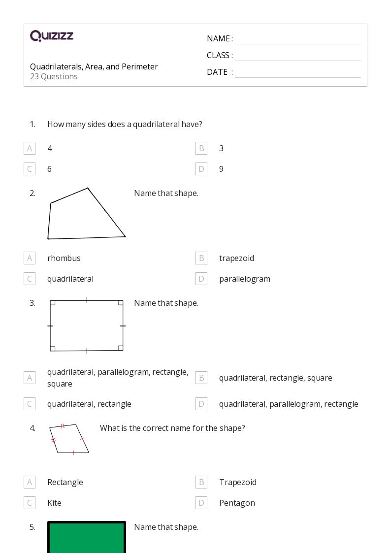 Quadrilaterals, Area, and Perimeter - Printable Area-and-perimeter Worksheets Grade 9 - Quizizz