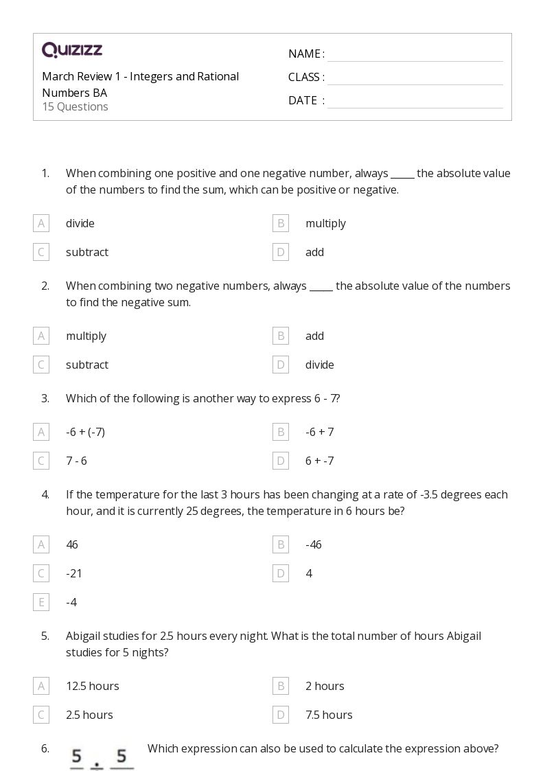 March Review 1 - Integers and Rational Numbers BA - Printable Integers-and-rational-numbers Worksheets Grade 8 - Quizizz