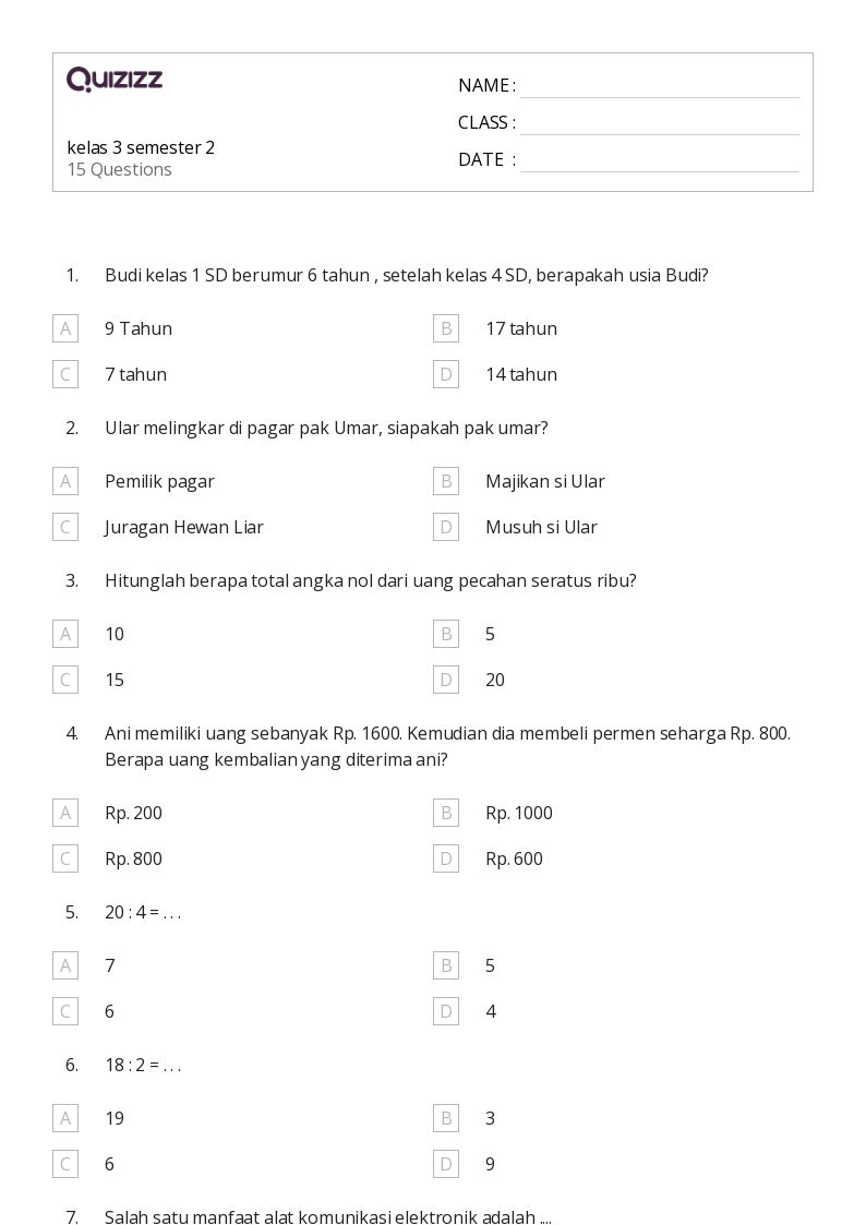 kelas 3 semester 2 - Dapat dicetak Persen-rasio-dan-tarif Lembar-kerja Kelas 3 - Quizizz