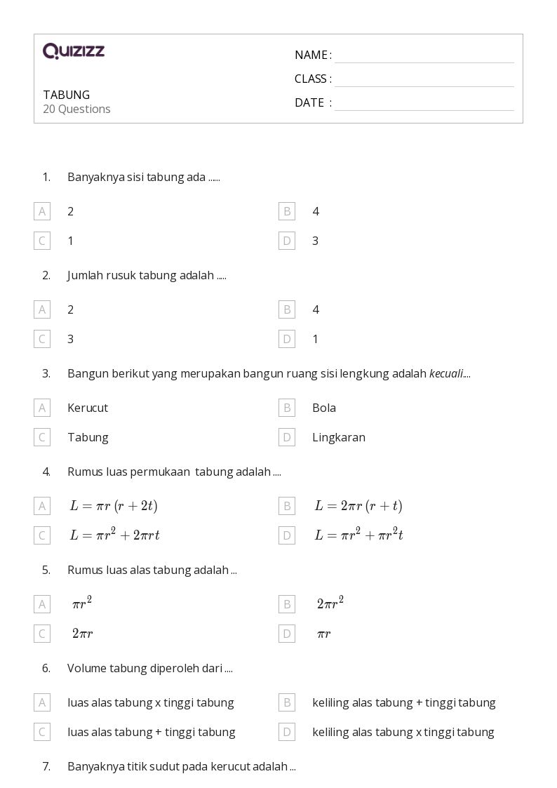 TABUNG - Dapat dicetak Luas-dan-keliling Lembar-kerja Kelas 9 - Quizizz