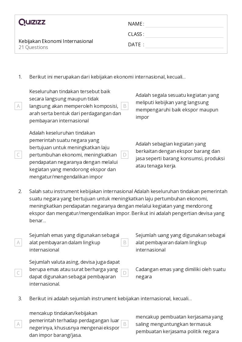 Kebijakan Ekonomi Internasional - Dapat dicetak Persen-rasio-dan-tarif Lembar-kerja Kelas 3 - Quizizz