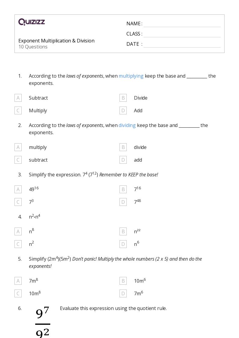 Exponent Multiplication & Division - Printable Multiplication Worksheets Grade 8 - Quizizz