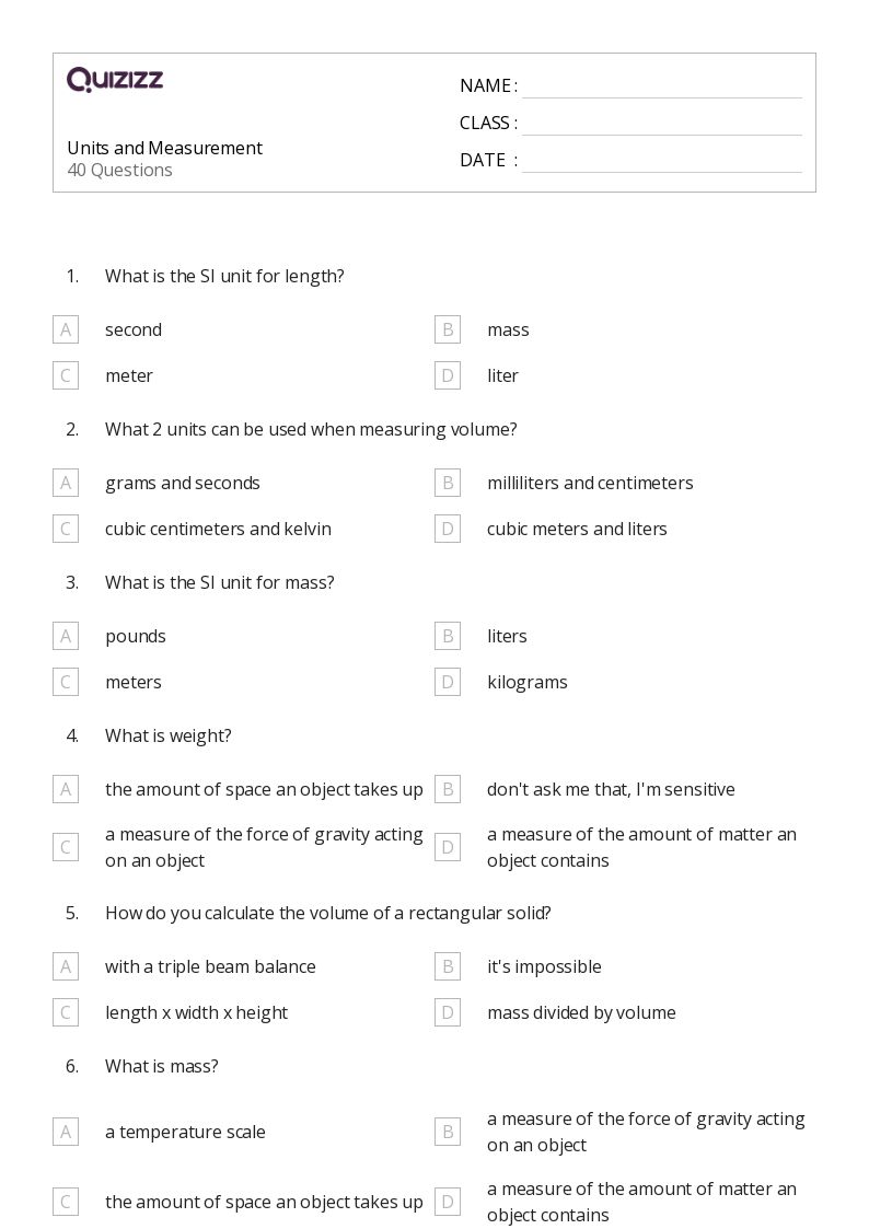 Units and Measurement - Printable Science Worksheets Year 8 - Quizizz