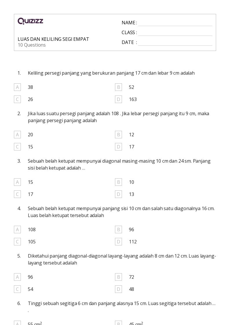 LUAS DAN KELILING SEGI EMPAT - Dapat dicetak Luas-dan-keliling Lembar-kerja Kelas 9 - Quizizz