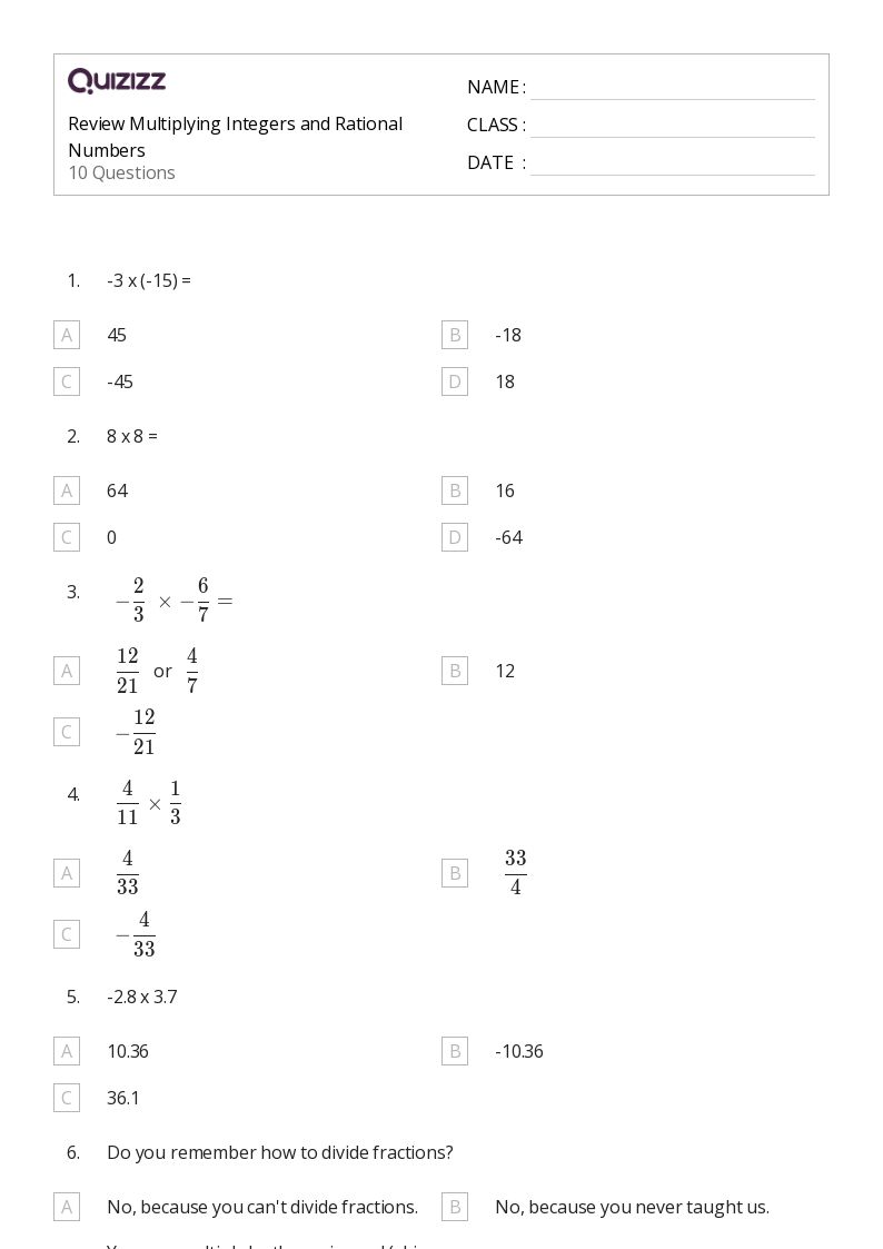 Review Multiplying Integers and Rational Numbers - Printable Integers-and-rational-numbers Worksheets Grade 8 - Quizizz