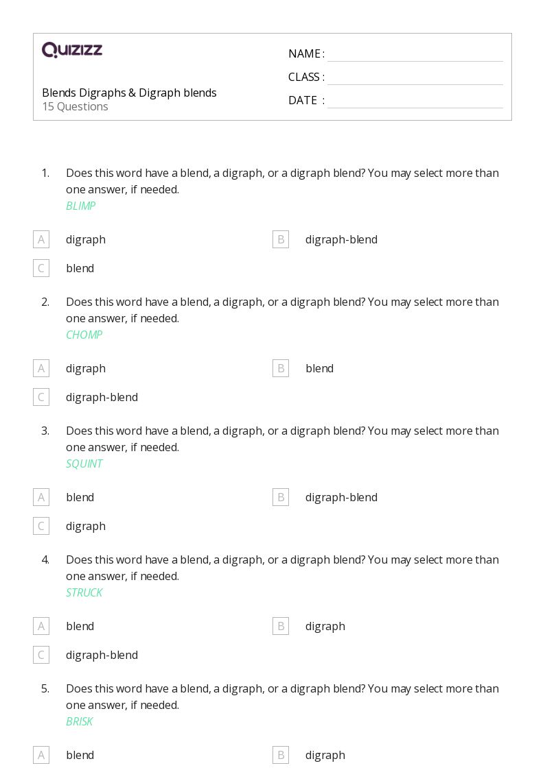 Blends Digraphs & Digraph blends - Printable Blend-charts Worksheets Grade 3 - Quizizz
