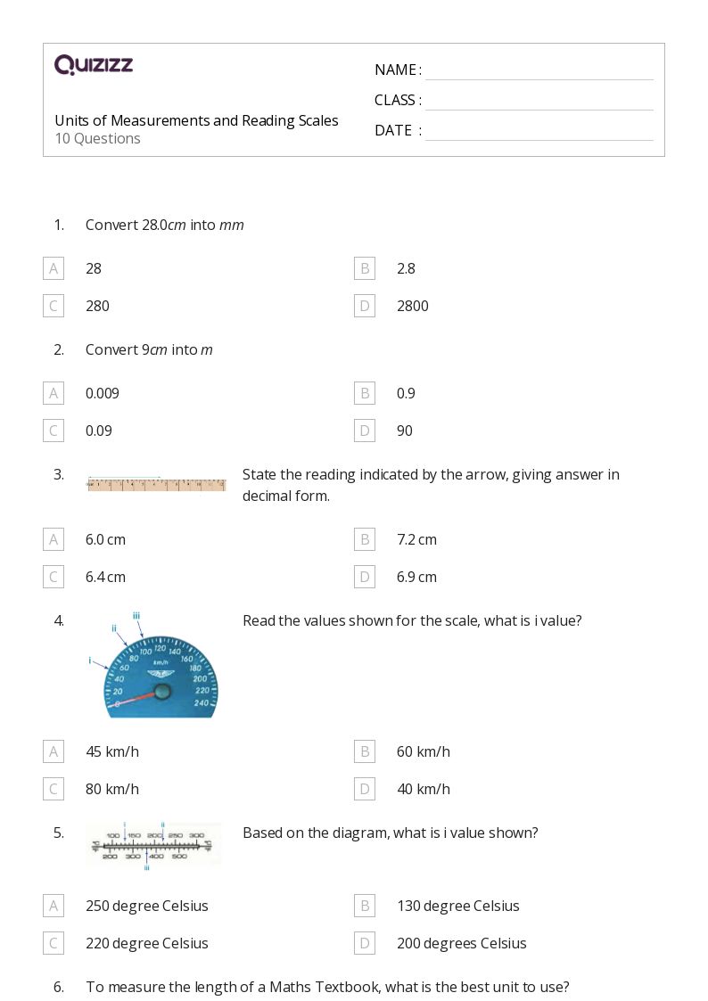 Units of Measurements and Reading Scales - Printable Units-of-measurement Worksheets Grade 7 - Quizizz