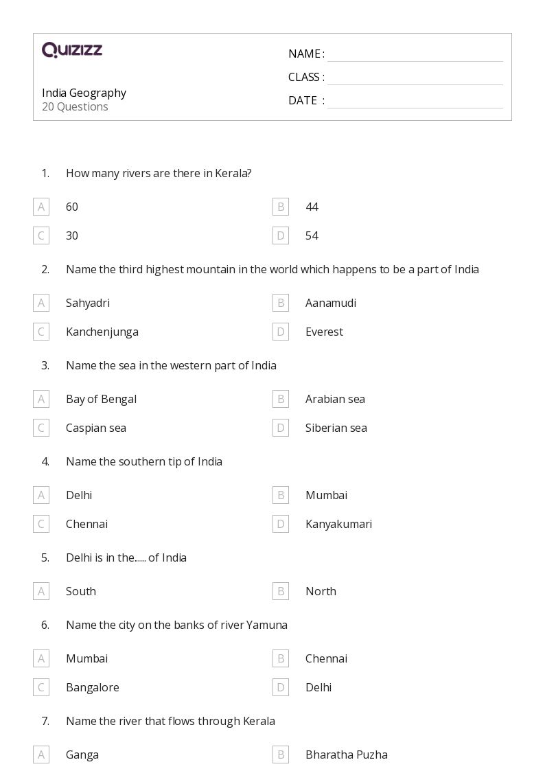 India Geography - Printable Class 1 Worksheets - Quizizz