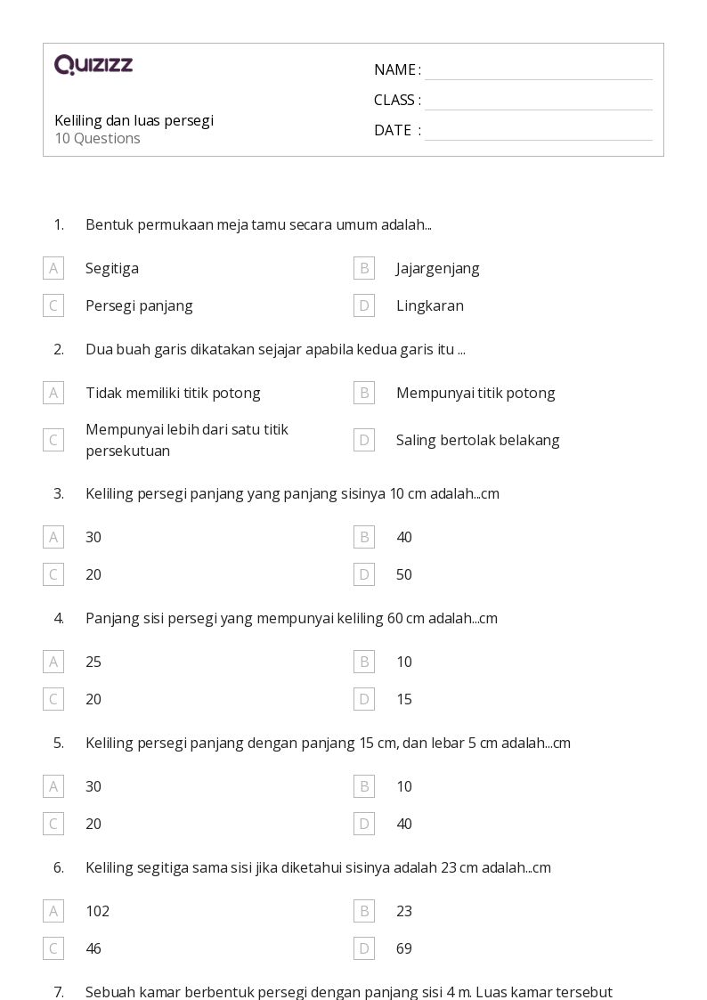 Keliling dan luas persegi - Dapat dicetak Luas-dan-keliling Lembar-kerja Kelas 9 - Quizizz