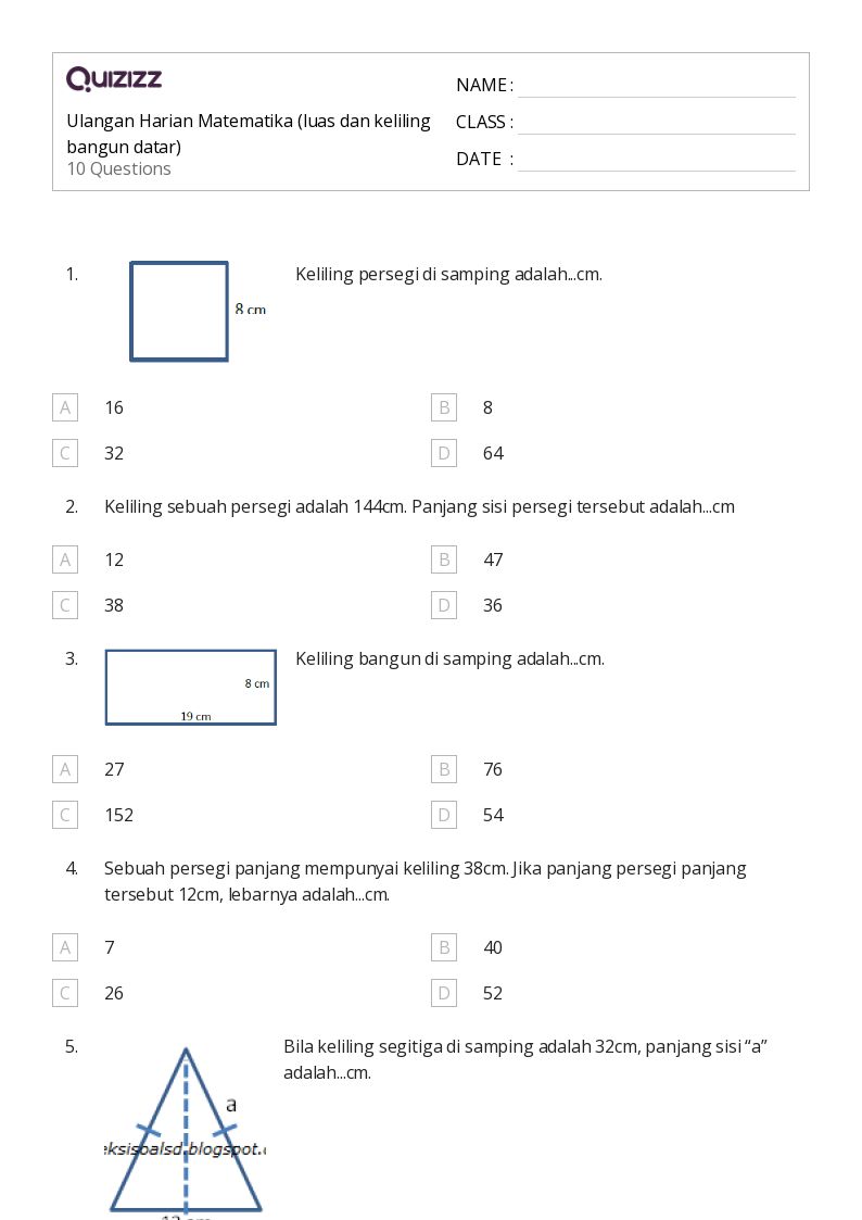 Ulangan Harian Matematika (luas dan keliling bangun datar) - Dapat dicetak Luas-dan-keliling Lembar-kerja Kelas 9 - Quizizz