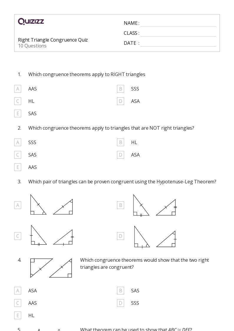 Right Triangle Congruence Quiz - Printable Congruence Worksheets Grade 11 - Quizizz