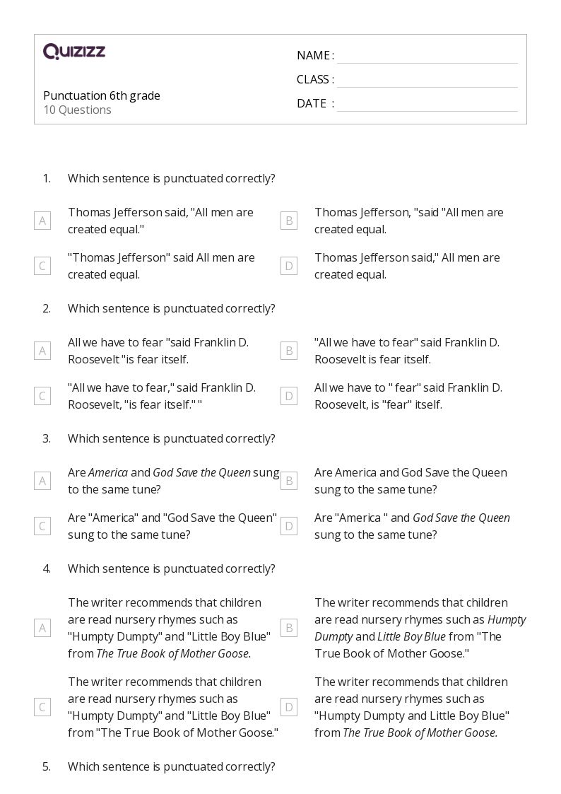 Punctuation 6th grade - Printable Punctuation Worksheets Grade 7 - Quizizz