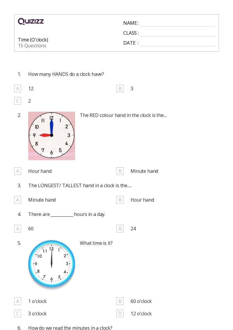 Time (O'clock) - Printable Time Worksheets Class 1 - Quizizz